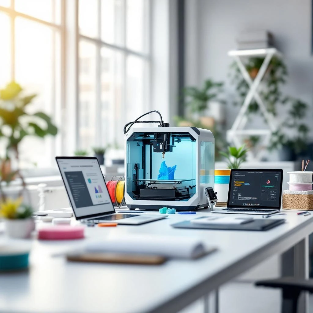 Professioneller 3D-Druck Testarbeitsplatz mit FDM-Drucker, Filamenten und Messwerkzeugen bei 3D AUS DU