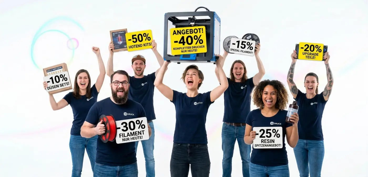 3D-Druck Team feiert Angebote — Drucker, Filament und Resin Deals