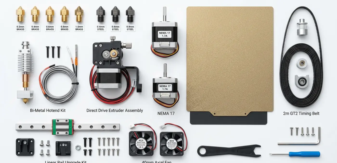 3D printer accessories and spare parts — nozzles, hotends, print beds