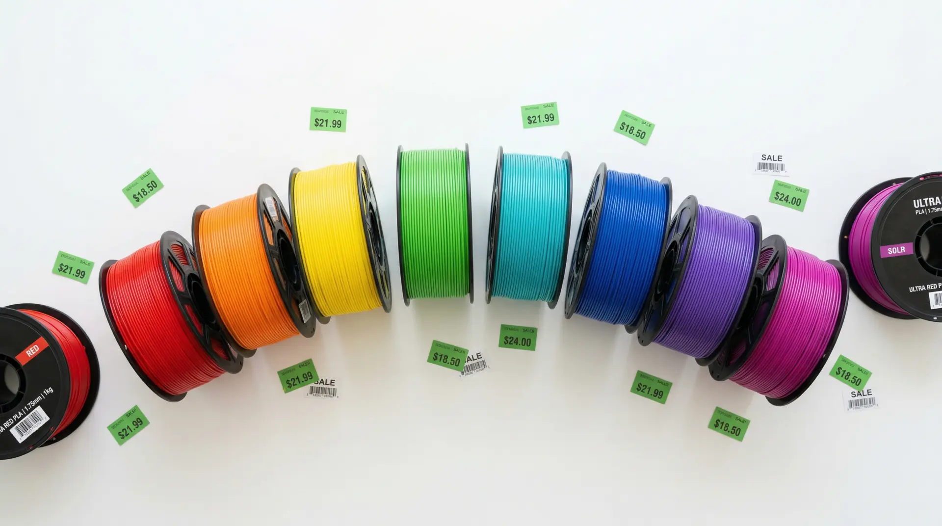 Colorful 3D printing filament rolls in rainbow colors with price tags