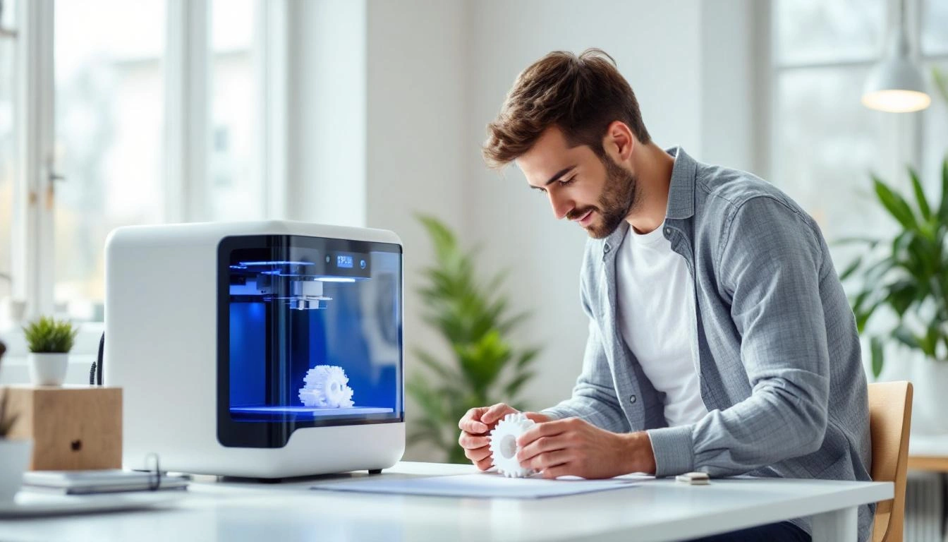 3D-Druck Maker beim Arbeiten mit einem FDM-Drucker in einer hellen Werkstatt