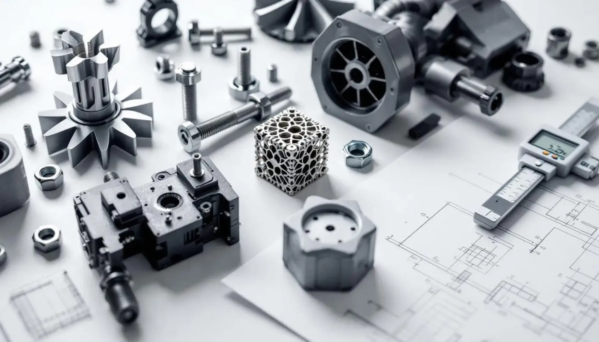 3D-gedruckte Pr&auml;zisionsteile mit Messschieber auf technischer Zeichnung &ndash; Turbinenschaufel, Gitterstruktur und Zahnr&auml;der