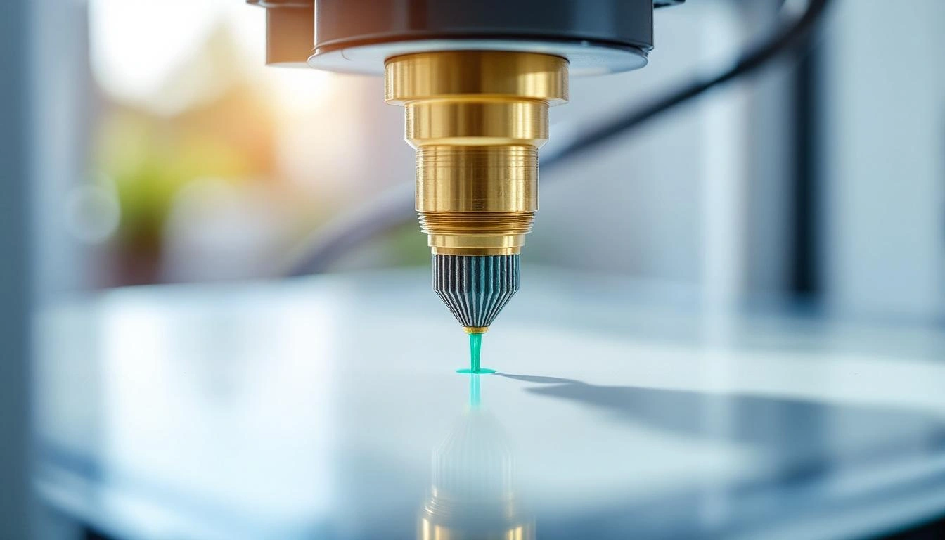 Nahaufnahme eines 3D-Drucker-Druckkopfs während des präzisen Schichtaufbaus
