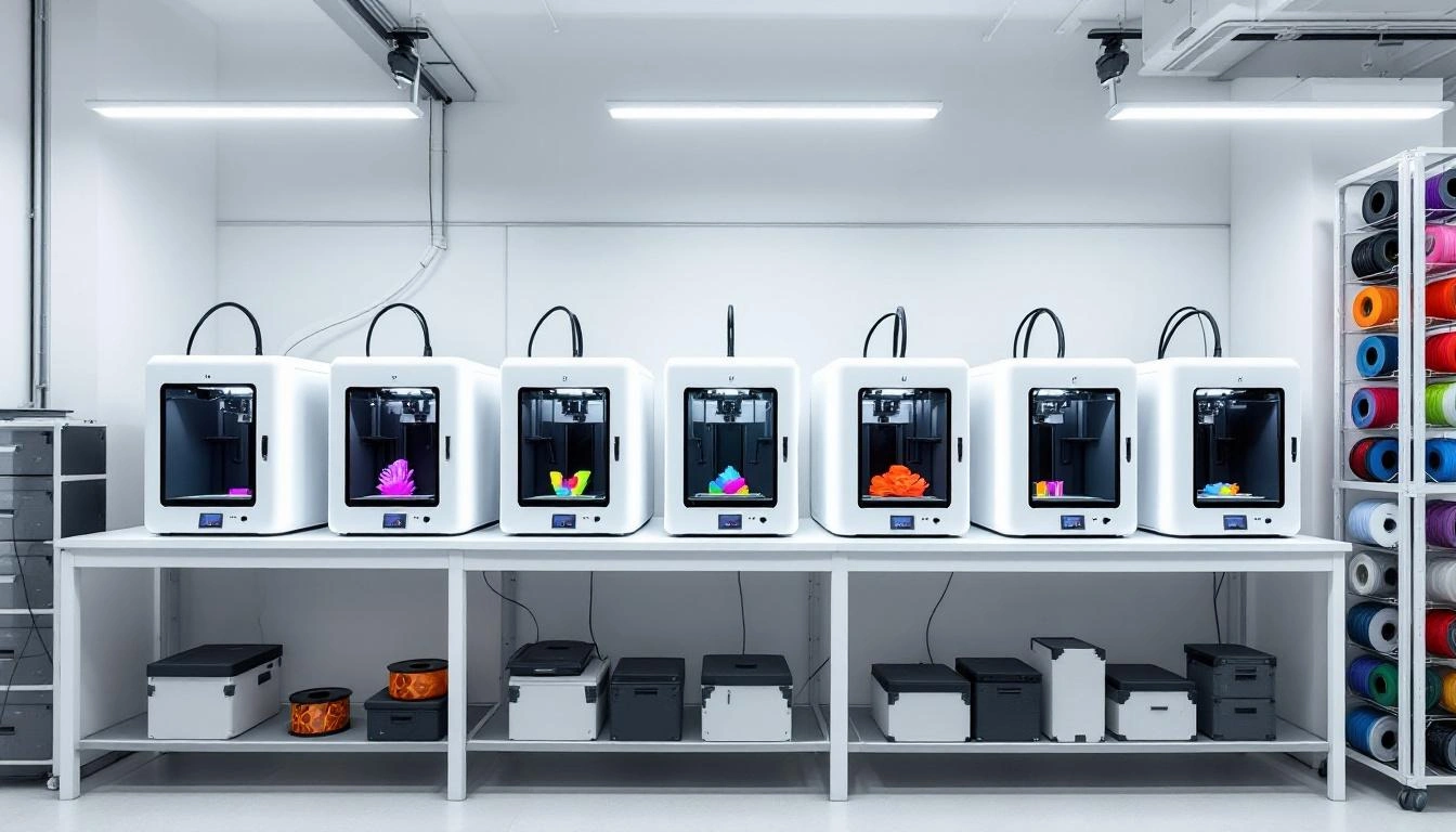 3D-Drucker-Farm mit mehreren Geräten im professionellen Dauerbetrieb