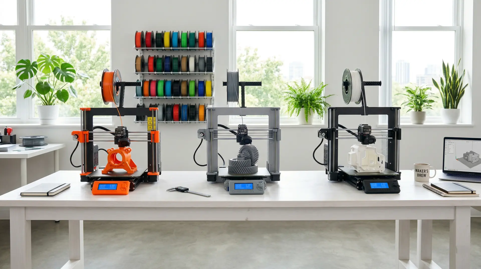 Drei FDM-3D-Drucker nebeneinander in hellem Makerspace mit buntem Filamentregal und Slicer-Software auf Laptop