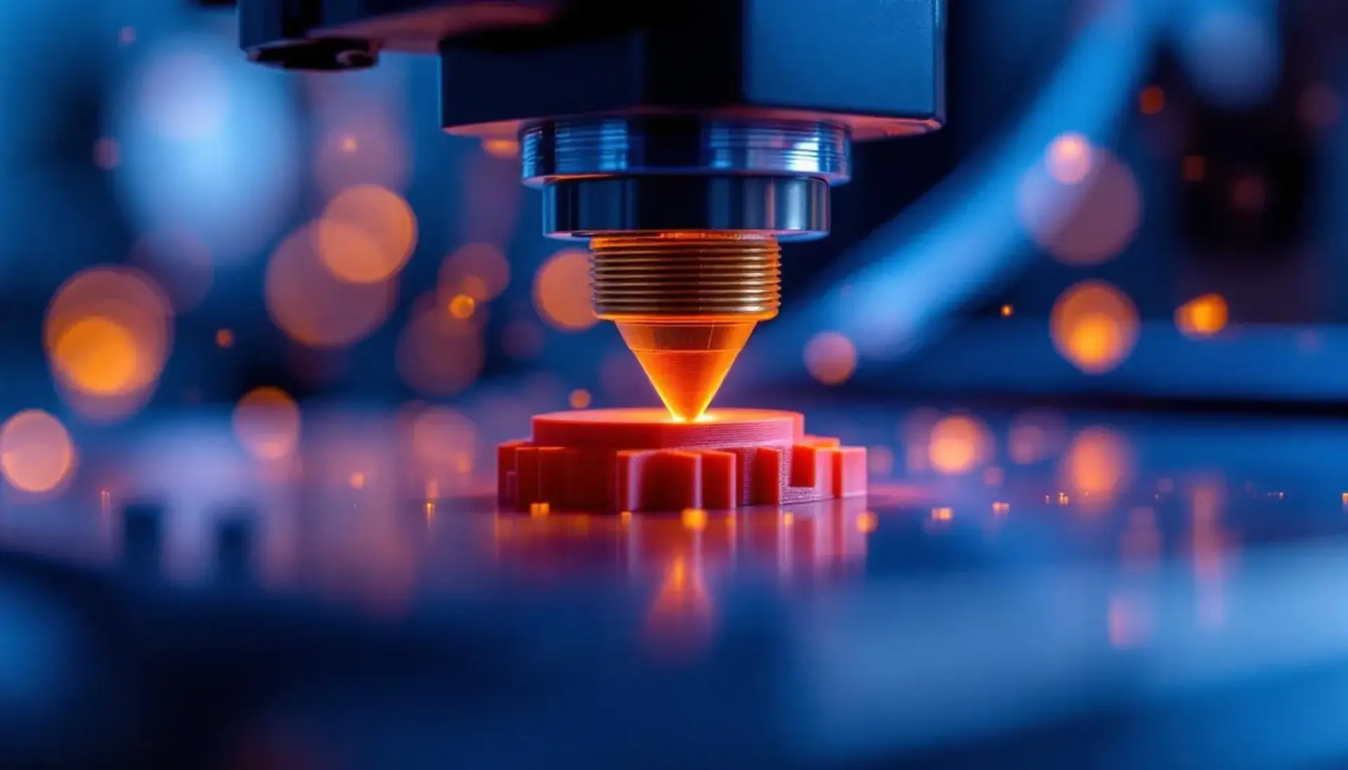 Nahaufnahme einer gl&uuml;henden 3D-Drucker-D&uuml;se beim Schichtaufbau eines Pr&auml;zisionsbauteils