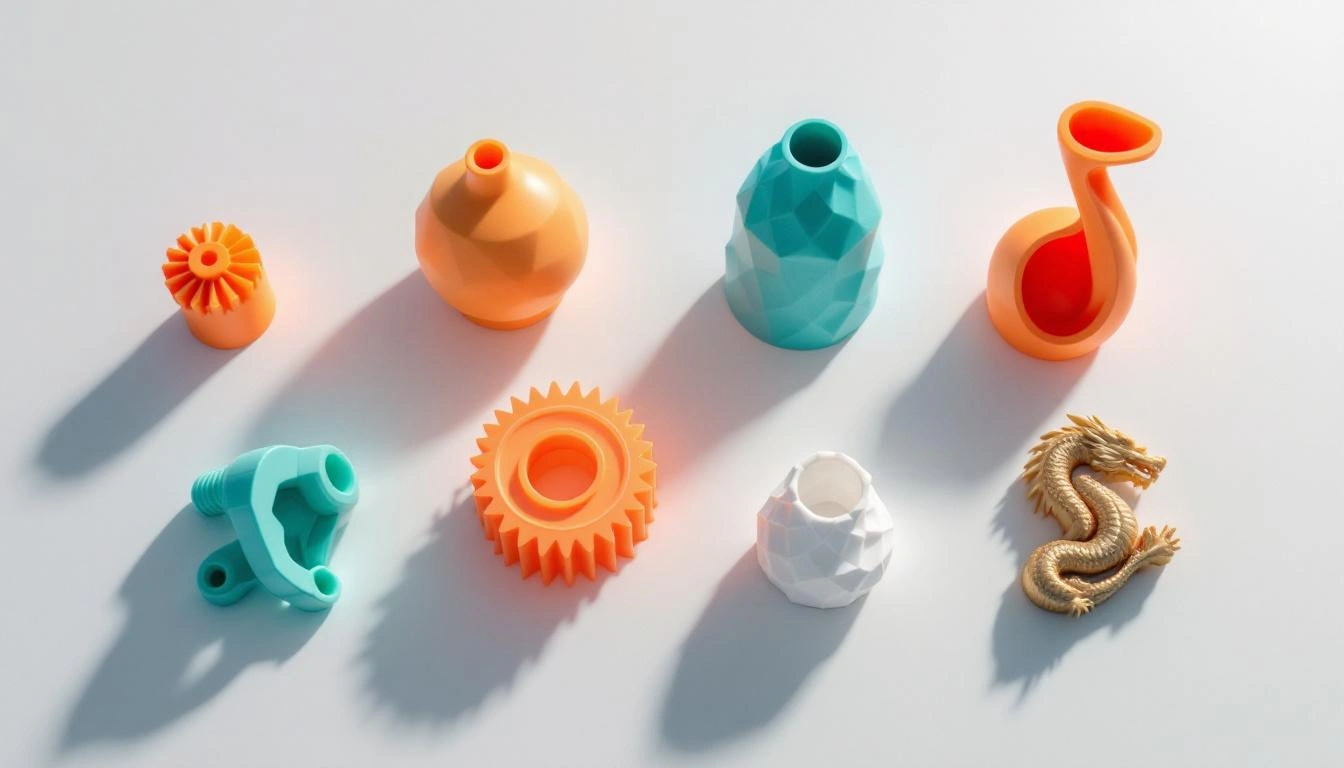 Vielfalt an 3D-gedruckten Objekten aus PLA, PETG und weiteren Materialien