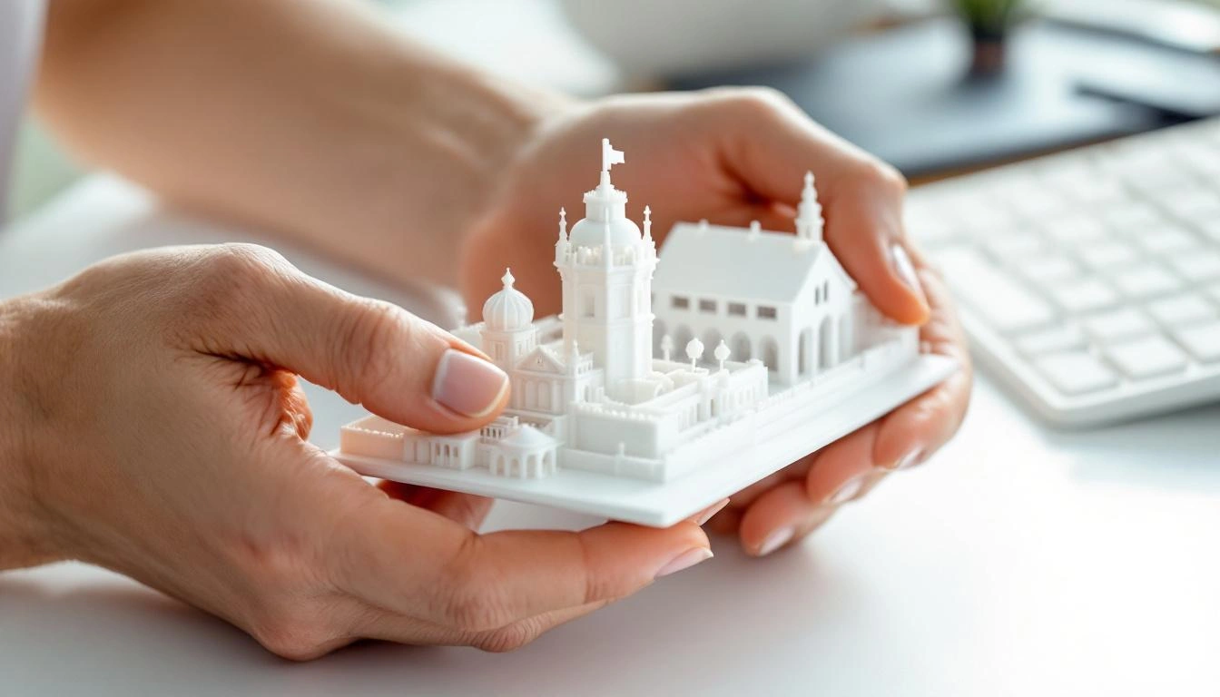 Hände halten ein frisch gedrucktes 3D-Druck-Bauteil zur Nachbearbeitung