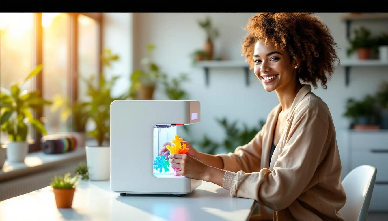 Makerin arbeitet konzentriert an einem 3D-Druck-Projekt am Drucker