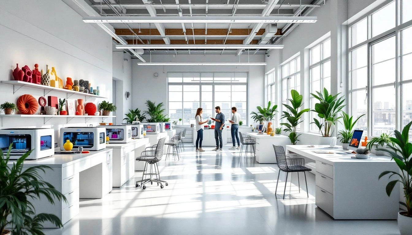 Moderner Makerspace mit 3D-Druckern, Werkzeugen und Arbeitsplätzen