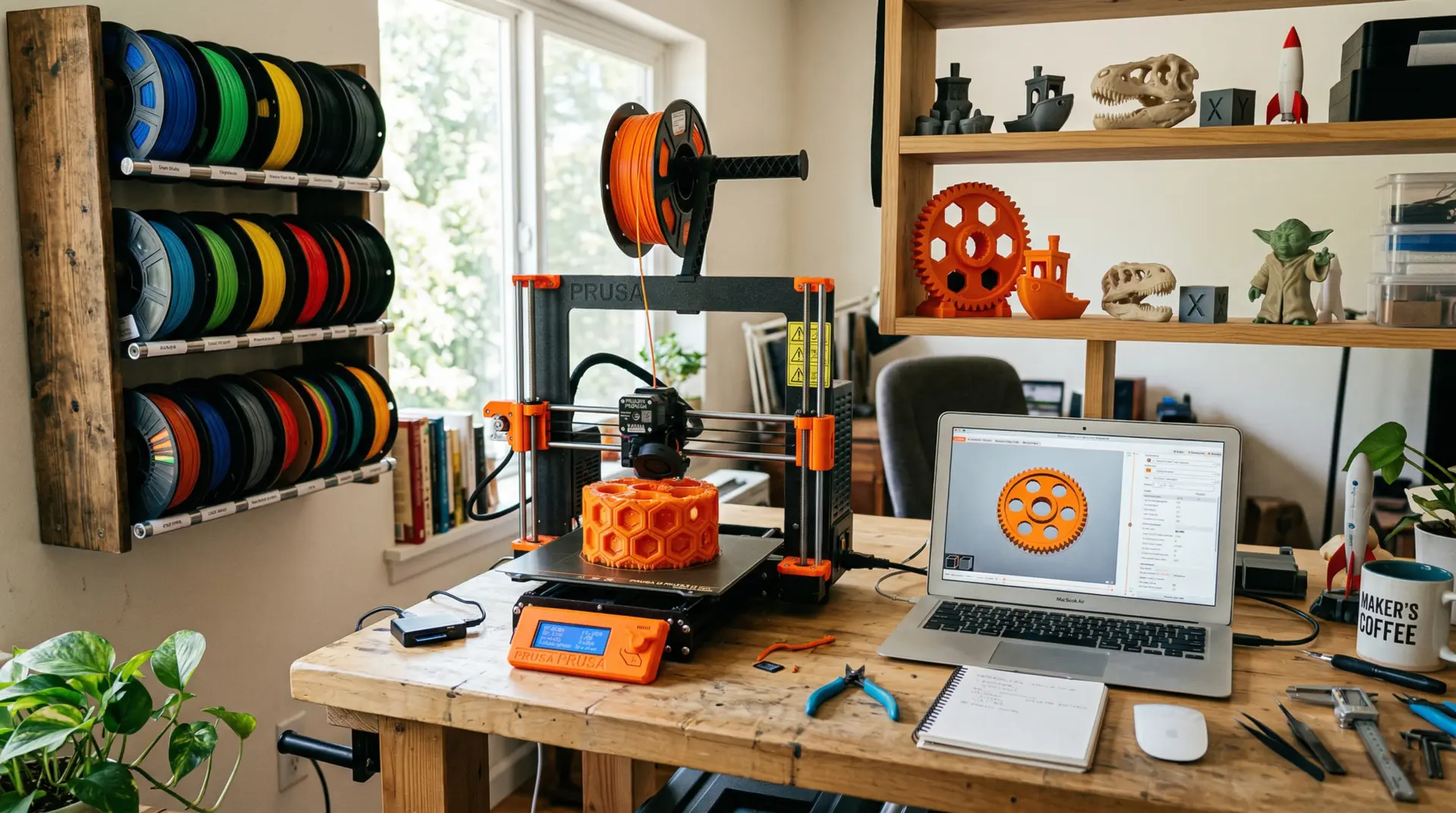 3D printing maker workshop with FDM printer, filament rack and slicer software