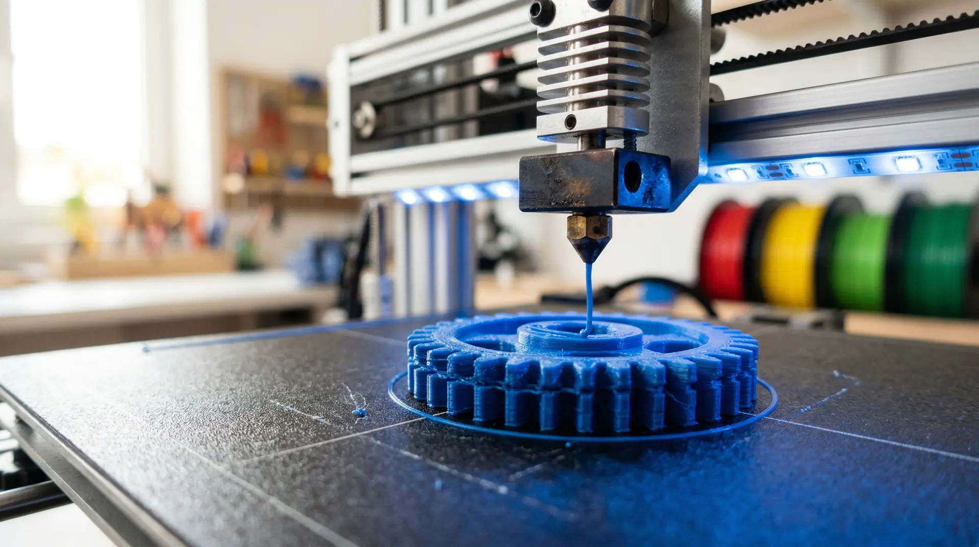 3D printer close-up printing a blue gear layer by layer