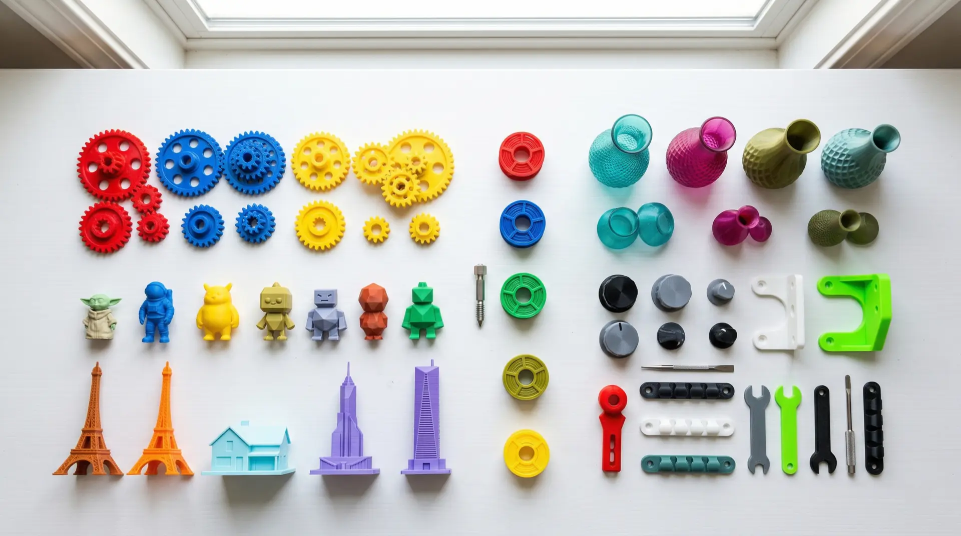 Variety of 3D printed objects – gears, miniatures, vases and tools