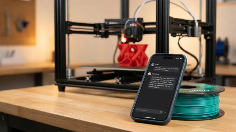 3D Scout chatbot on a smartphone in front of a running 3D printer &ndash; AI advice around the clock
