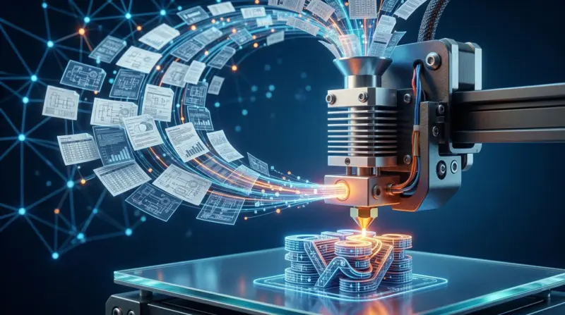 Visualization of the 3D printing knowledge base: data from 50 sources flowing into the knowledge database