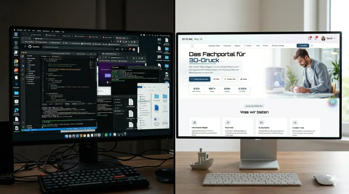 Comparison: Monitor with 20 open browser tabs vs. structured 3D printing portal 3dausdu.de