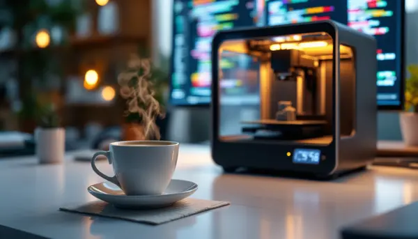 Dampfende Kaffeetasse neben einem 3D-Drucker in einer Maker-Werkstatt