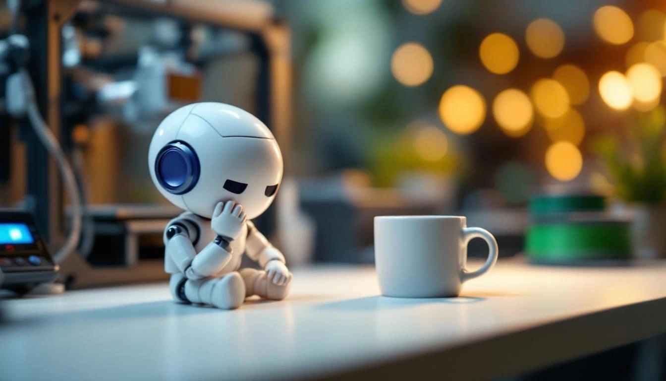Small 3D-printed robot looking longingly at a coffee cup