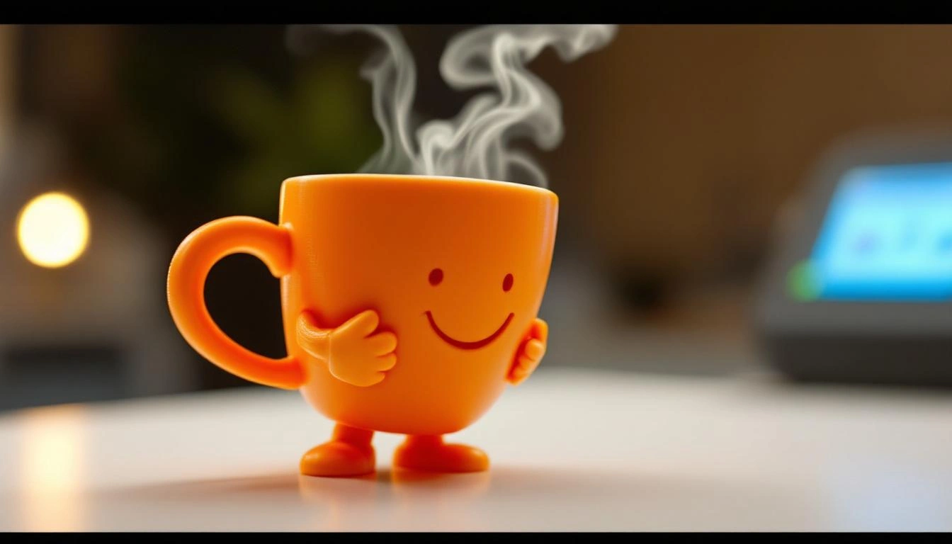 3D-gedruckte Kaffeetasse mit Gesicht gibt Daumen hoch